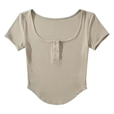 Gray Cotton Button Front T-Shirt for Women