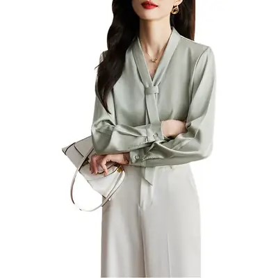 Women's Green Shirt + Black Pants Set V-Neck Business Wear