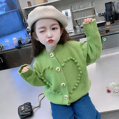 Girls Green Cardigan Coat with Button Front Cotton