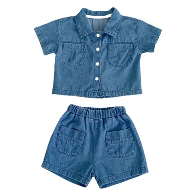 2025 Summer Baby Denim Flap Pants Suit Blue