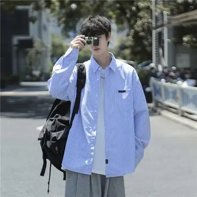 Men Blue White Striped Long Sleeve Shirt Summer Casual Wear