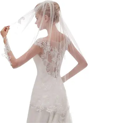 European Wedding Veil with Lace Applique Single Layer