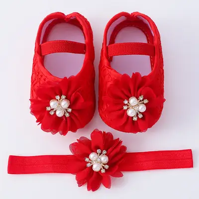 Pearl Flower Princess Shoes 0-1 Years Old Soft Bottom Toddler Shoes Hair Band Set Newborn Baby Shoes All-match Dress Shoes