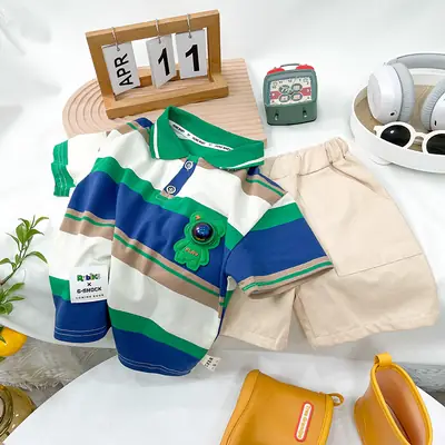 Boys Summer Outfit 2026 Cartoon Turn-Down Collar T-Shirt