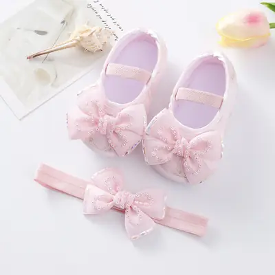New Baby Shoes Headband Set 0-1 Years Old Baby Shoes Soft Sole Toddler Shoes Ins Newborn Baby Shoes Princess Shoes