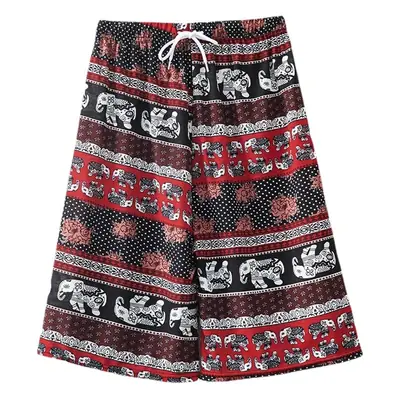 Thai Elephant Print Wide Leg Pants Blue Cotton