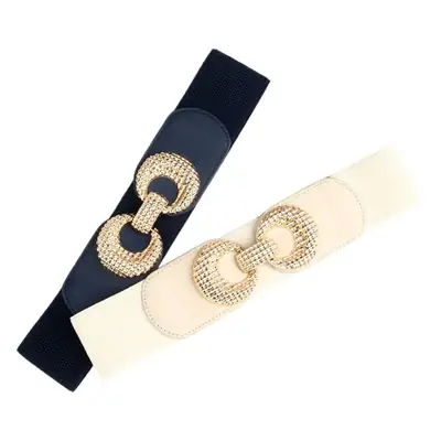 Black Elastic Belt with Gold Crystal Buckle for Women
