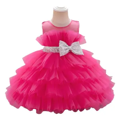 Pink Bow Strap Mesh Puffy Dress for Girls
