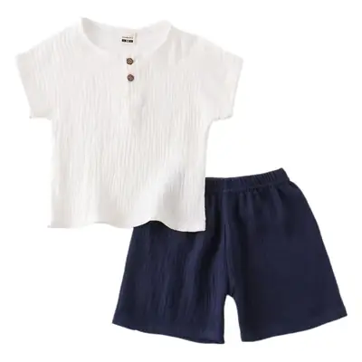 Children Cotton Linen Shorts Suit White Navy Summer Wear