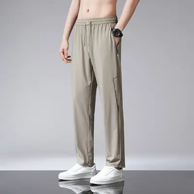 Men Ice Silk Straight Dosing Pants Black