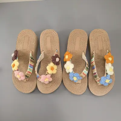 Bohemian Flower Wedge Flip Flops for Women Summer