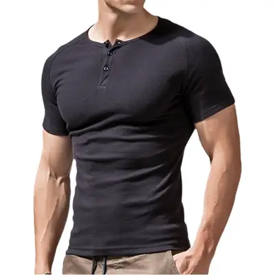 Men Blue Cotton T-Shirt Short Sleeve Retro European