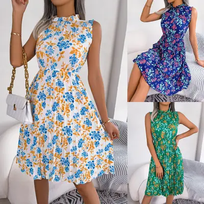 Blue Floral Pleated Summer Dress for Women