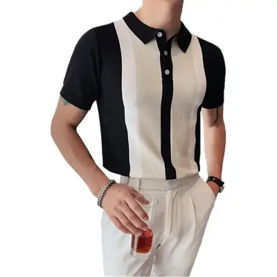 Light Mature Men Polo Shirt Blue White Striped Short Sleeve