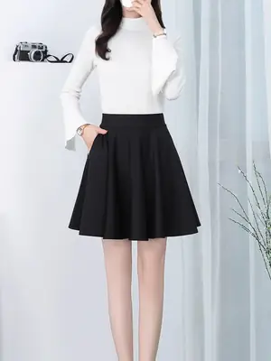 Black Elastic Pleated Skirt High Waist Women