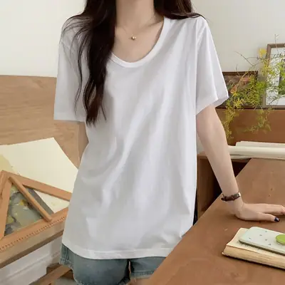 Women Black Cotton T-Shirt U-Neck Loose Fit