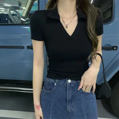 Women White V-Neck Slim Fit T-Shirt Summer Wear