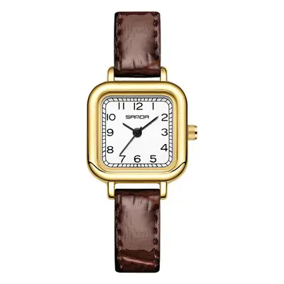Gold Quartz Watch for Women with Leather Strap
