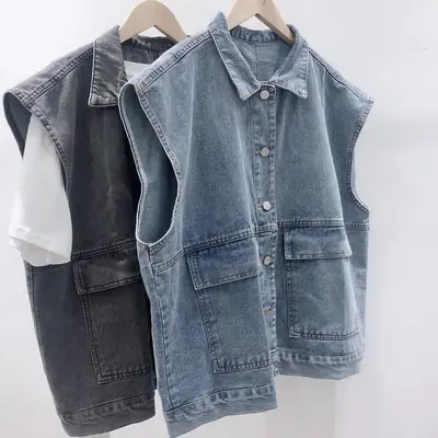 Vintage Washed Denim Vest for Women Sleeveless Jacket