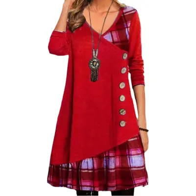Women Black Patchwork Button Long Sleeve Tunic Dress