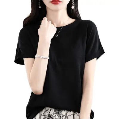Women Green Knitted T-Shirt 2025 Summer