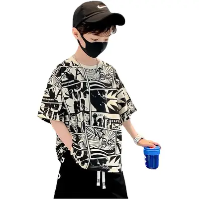 2025 Kids Cartoon Print Short Sleeve T-Shirt Green Black