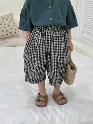 Jiaye 2024 Cotton Linen Plaid Capri Pants for Boys Girls