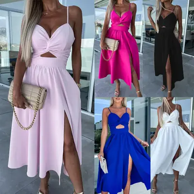 2023 New Fashion Women's Pink Sling Dress with High Slit