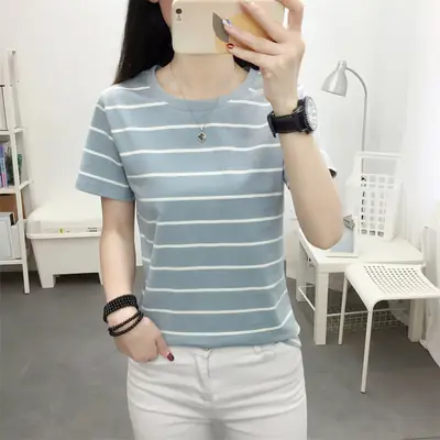 Women Striped Cotton T-Shirt Black White Loose Fit Summer