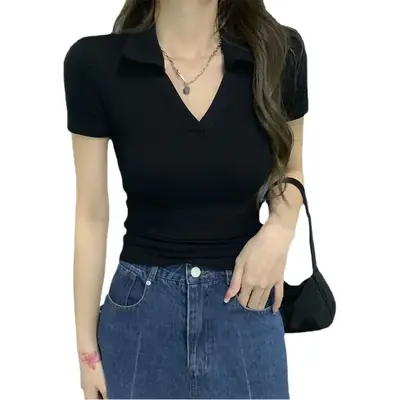 Hot Girls Slim Fit V Neck Polo Shirt Women Summer