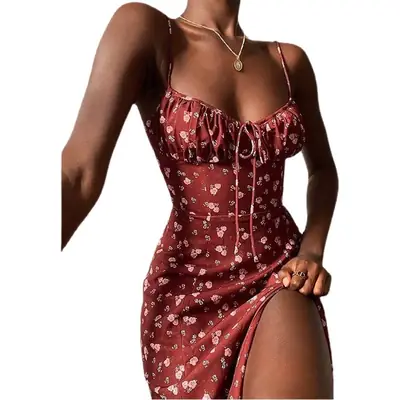 Elegant Floral Pleated Slit Strap Dress for Women