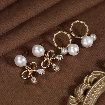 Copper Gold Pearl Earrings with Zircon Drop