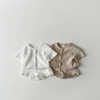 White Striped Knitted 2-Piece Baby Suit for Girls