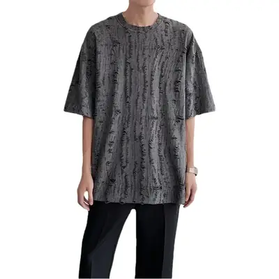 Men Black Ripped T-Shirt Summer Casual Korean Style