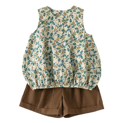 Girls Floral Top & Brown Shorts 2-Piece Set