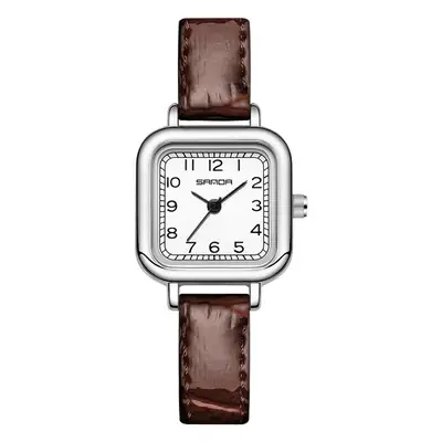 Sanda Women's Brown Leather Square Watch with Gold Plated Case