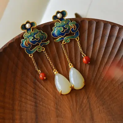 Vintage Hetian Jade Earrings with Red Drop