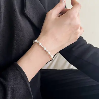 Sterling Silver S925 Vintage Natural Pearl Laser Bead Bracelet for Women, Elegant and Fashionable Design, Handmade