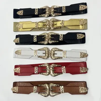 Vintage Hollow Double Buckle Belt Women's Red Elastic Waist Cover