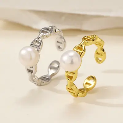 Women's Korean Style Pearl Open Ring Gold Silver