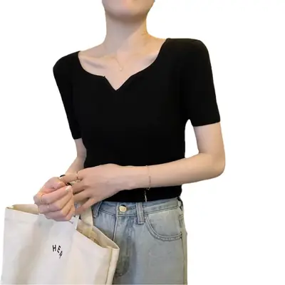 French Style Knit V-Neck T-Shirt Women