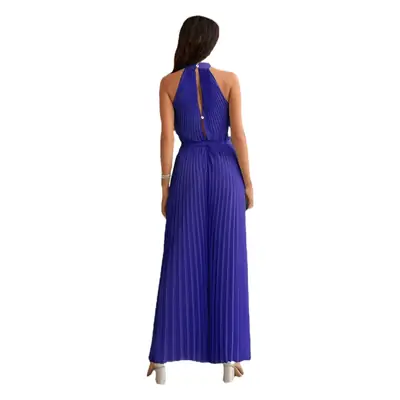 Pink Lace-Up Halterneck Pleated Jumpsuit with Wide-Leg Pants