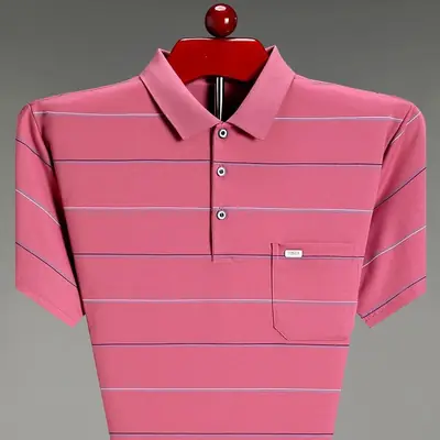 Men Pink Striped Polo Shirt Pearl Cotton Summer Wear