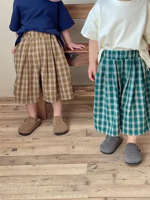 Baby Girls Plaid Wide Leg Pants Cotton Linen 2025