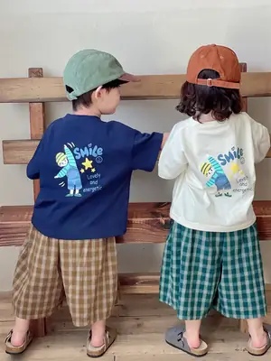 Kids Cotton T-Shirt Blue Short Sleeve Cartoon Cap