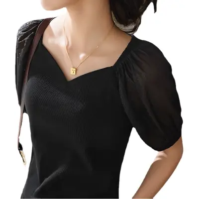 White French Collar Chiffon T-Shirt for Women Summer 2024