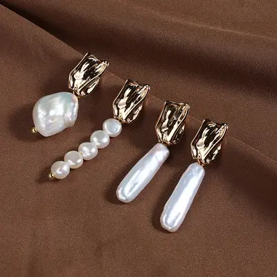 Copper Gold Pearl Earrings Retro Baroque Wholesale