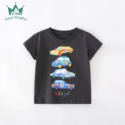 Kids Cotton T-Shirt Black Cartoon Car Round Neck