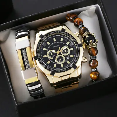 Men's Gold 3-Step Quartz Watch with Bracelet Set