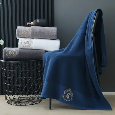 Blue Embroidered Bath Towel 80x150 Thick Adult Household